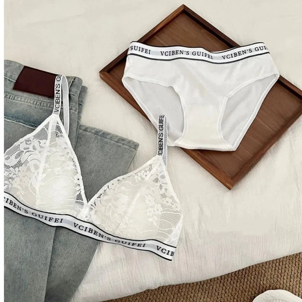 Bra Suit Letter Design Lingerie Set Deep V Wireless Women Underwear Suit Lace Color Blocking Bra Panties Set Gift