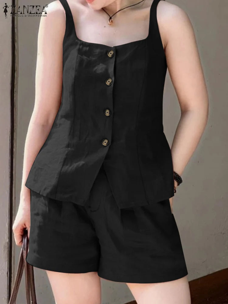 2025 ZANZEA Summer Elegant Sleeveless Vests Tops Shorts Sets Women 2PCS Holiday Outfits Stylish Solid Tracksuits Two Pieces Set