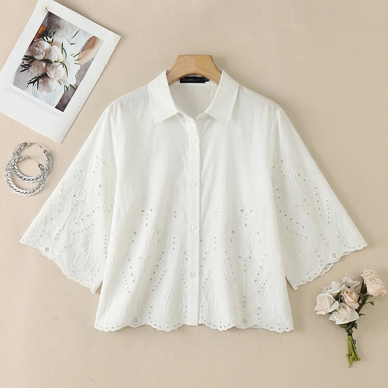 ZANZEA Women Openwork Embroidered Shirts Casual Turn-Down Collar 3/4 Sleeve Button Up Tops Summer Daily Streetwear Camisas Mujer