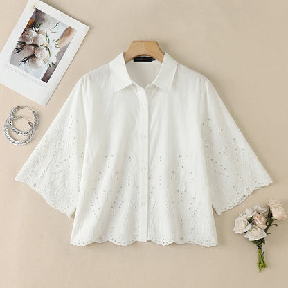 ZANZEA Women Openwork Embroidered Shirts Casual Turn-Down Collar 3/4 Sleeve Button Up Tops Summer Daily Streetwear Camisas Mujer