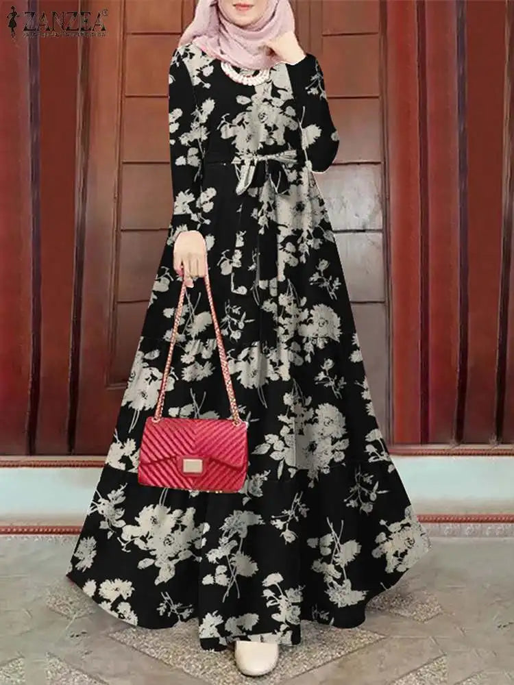 ZANZEA Vintage Muslim Long Dress Hijab Vestido Eid Mubarek Abaya Robe Women Long Sleeve Floral Printed Sundress Isamic Clothing