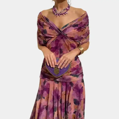 Floral Print High Waist Pleat Party Dress Elegant Women Bat Sleeve Swing Party Dress Female Chest Low Cocktail A-Line Dress HPSW