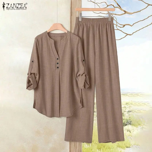 Women's Loose Pant Suits Half-Button Long Sleeve Blouse & Wide Leg Pant 2 Piece Sets ZANZEA Summer Daily Casual Pant Sets Outfit