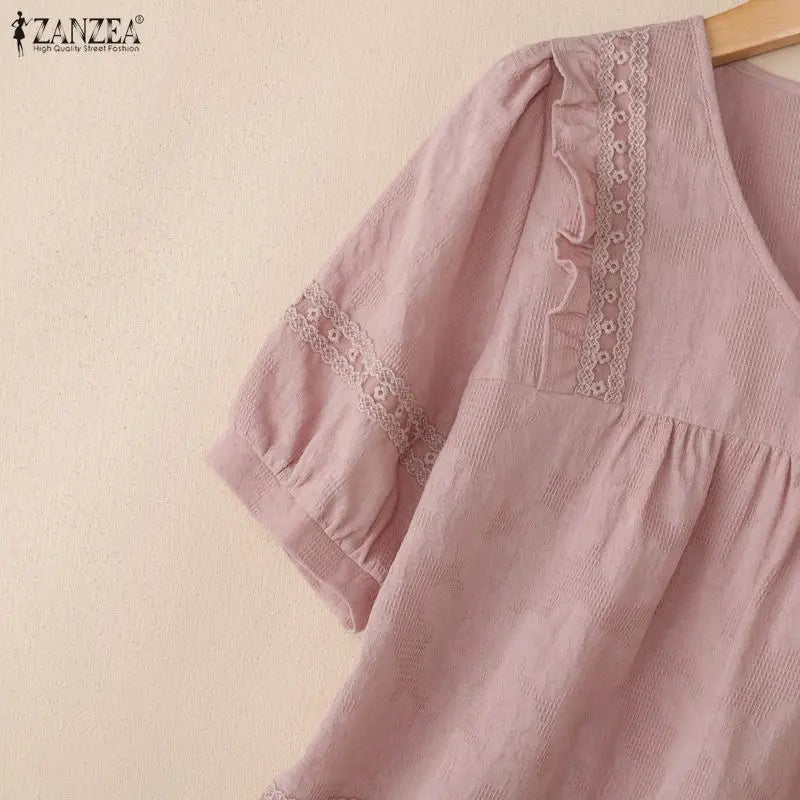 ZANZEA Women Blouse Lace Patchwork Tops Ruffles Tee Casual Summer V Neck Puff Half Sleeve Blusas OL Work Party Tunic Streetwear