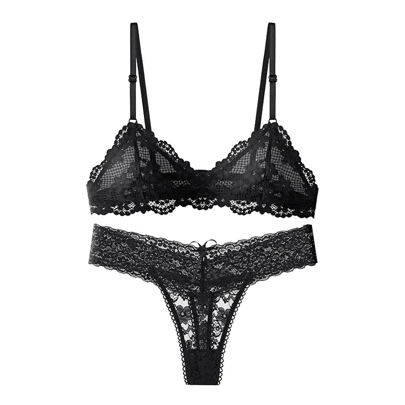 Lace Bra and Panty Set, Lace, Sheer, Scalloped, Breathable, Transparent, for Women, Daily Wear, Comfortable Fit