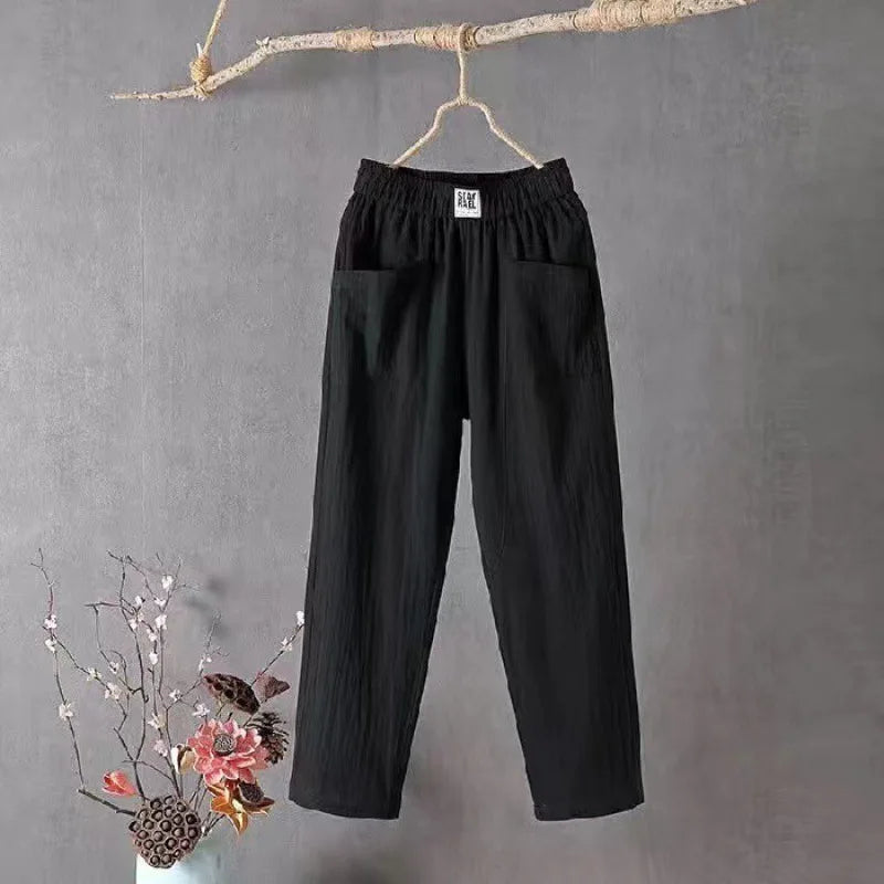 Women's Soft Cotton Linen Pants with Pockets Casual Solid Color Straight 4 Points Pants Fashion Loose Versatile Harem Pants