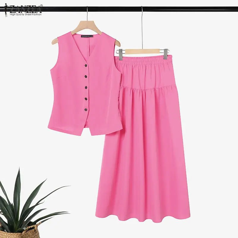 2026 ZANZEA Summer Elegant V Neck Sleeveless Shirt Dress Sets Fashion Women 2 Piece Sets Solid Outfits Stylish OL Work Suit
