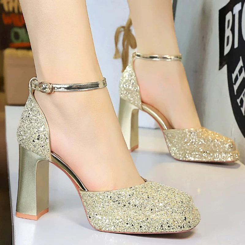 BIGTREE Shoes Chunky Block Heels Women's Sandals Sequined High Heels Fashion Wedding Shoes Platform Sandals Summer Women Shoes