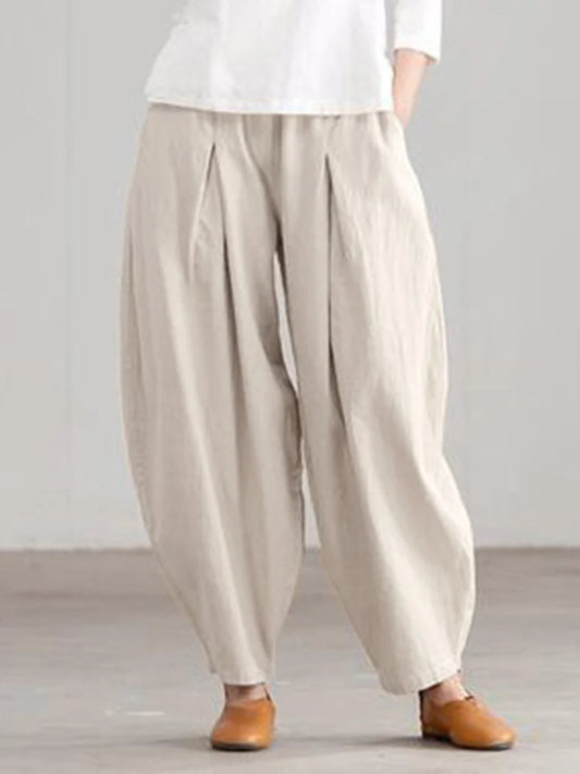 ZANZEA Summer Elastic Waist Solid Trousers Women Casual Baggy Pants Elegant Loose Wide Leg Pantalon Vintage Cotton Turnip 2024