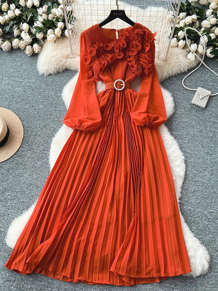 2026 Spring Autumn Fashion Elegant Dress for Women New French Mushroom Edge Crimping Loose Chiffon Long Sleeve Long Dress C141
