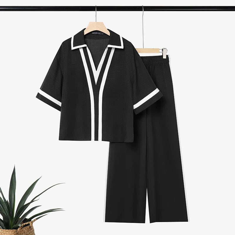 ZANZEA Patchwork 2 Pieces Sets OL Style Fashion Women Pants Sets Turn Down Collar Half Sleeve Shirt Trousers Suit Casual Outfits
