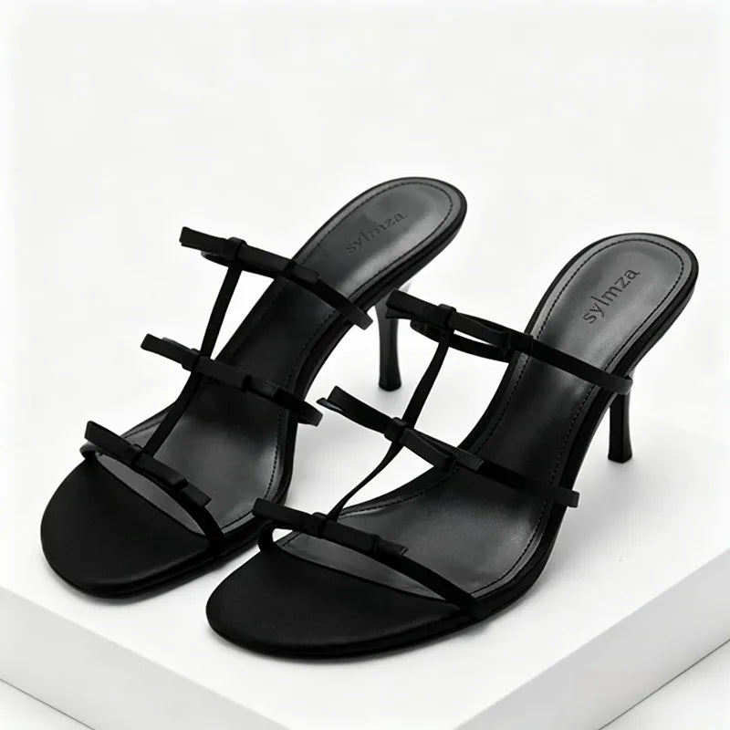 Lolita Style Bow-Adorned Women's Slippers Summer Open-Toe Thin High Heels for Ladies Cute Sweet High-Heeled Sandals Sandalias