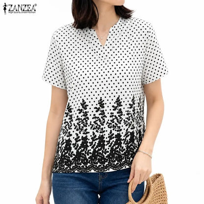 ZANZEA Women Blouse Short Sleeve Top Loose Elegant Office Casual V-Neck Polka Dot Summer Blusas Streetwear Tunic Tee