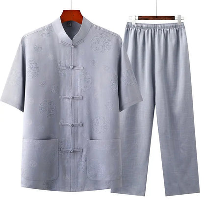 Men's Red Two-piece Summer Set: A Short Jacquard Shirt in Chinese Style Paired with Elastic-waist Pants. White, Gray, Beige-Blue