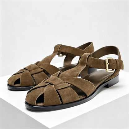 New Flat Sandals Women 2026 Summer Faux Suede Weaving Design Gladiator Sandals Ankle Strap Comfortable Women Shoes Sandalias