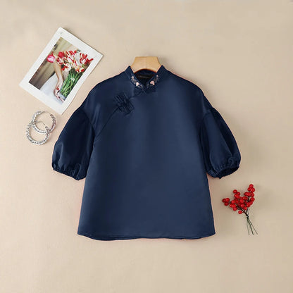 ZANZEA Woman Elegant Satin Blouses Chinese Style Embroidered Detail Mandarin Collar Lantern Sleeves Blusas de Mujer Vintage Tops