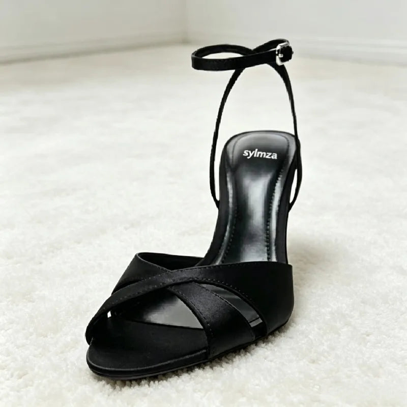 Unique Metalized Pattern Cross Tied Heel Sandals for Women Fashion Ankle Strap Buckle Open Toe Heels Luxury Brand Designer Shoes