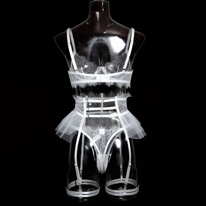 Women's 4Pcs Sexy Lingerie Set Sheer Eyelash Lace Bra Tulle Garter Skirt Thigh Strap Thong Boudoir Soft Intimate Underwear
