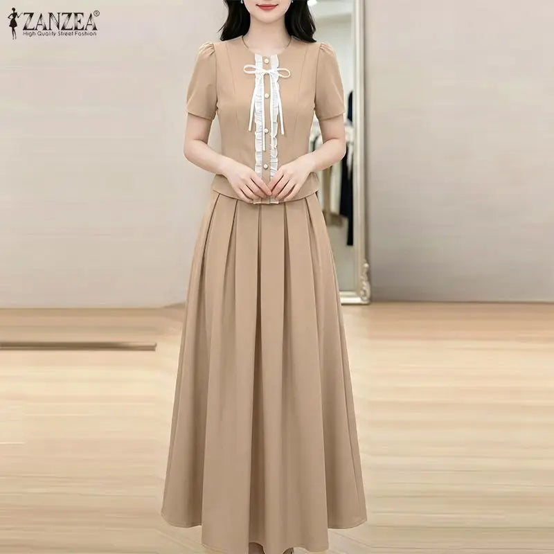 ZANZEA 2PCS Summer Outfits Elegant Women 2 Pieces Sets Short Sleeve Ruffled Shirt Dress Sets A Line OL Work Pleated Skirt Suit