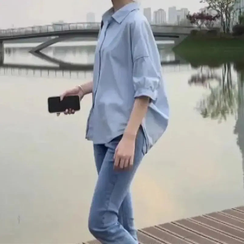 Summer Shirt Women Blouses 2024 New Mid-sleeve Loose Y2k Chic Clothes Fashion Irregular Shirts Korean Ladies Casual Vacation Tos