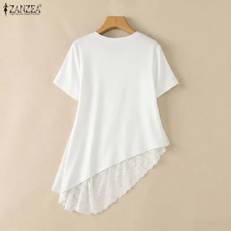 ZANZEA Woman Casual Chic Short Sleeve T-Shirts O-Neck Lace Patchwork Asymmetrical Hem Tops 2026 Summer Fashion Streetwear Tees