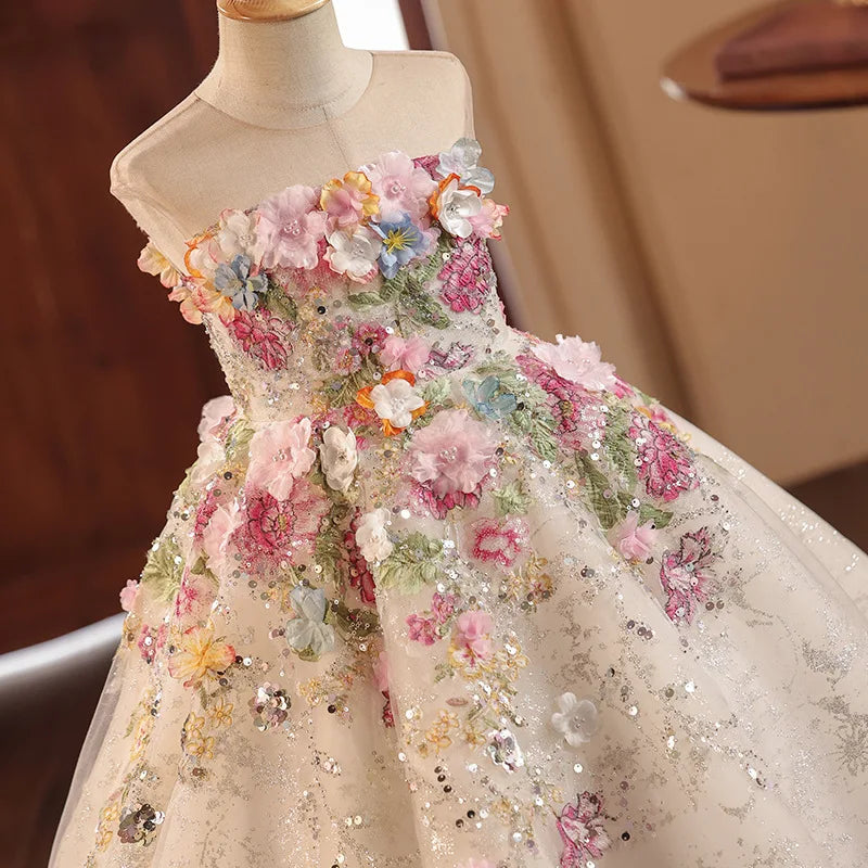 Girls' High-End French Style Forest Series Flower Little Host Walk Show Piano Performance Birthday  Party Princess Dress