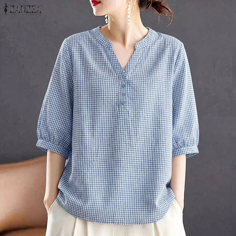 ZANZEA Woman Casual Gingham Blouses V-Neck Half-Button 3/4 Sleeve Plaid Loose Tops 2026 Summer Daily Wear Blusas Mujer 3XL