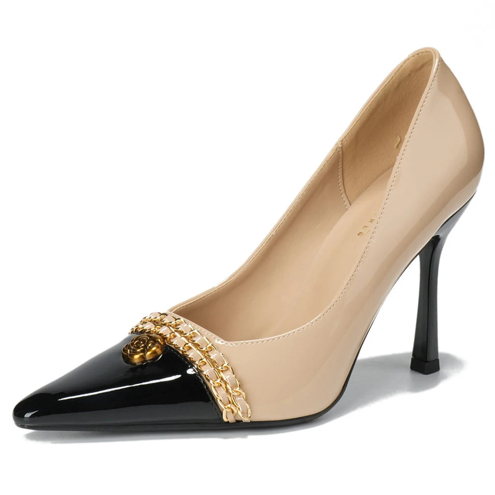 BIGTREE Shoes Women Pumps Metal Chain Design High Heels Color Blocking Ladies Shoes Luxury Banquet Shoes Stiletto Heels 10 CM