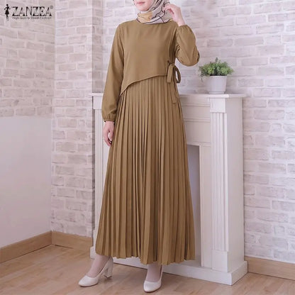 ZANZEA Elegant Muslim Abaya Dress Women O Neck Long Sleeve Pleated Sundress Solid Color Loose Maxi Long Dress Eid Ramadan Robe