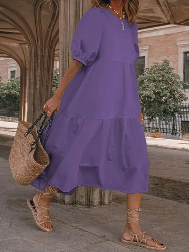 Summer New Solid Color Short Sleeved Loose For Women's Dresses Fashion Casual Patchwork Retro Beach Holiday Maxi Female Sundress