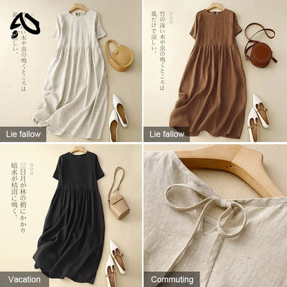 Original Women Cotton Linen Midi Dresses Summer Chic Female Vestidos Loose Soild A-Line Dress Short Puffy Sleeve Casual Sundress