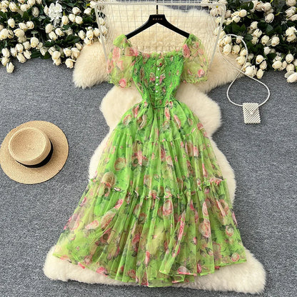 Summer Vintage French Mesh Dress for Women New Waist Cinched Slash Neck Bubble Sleeves Sweet Floral Chiffon Dress Female C146