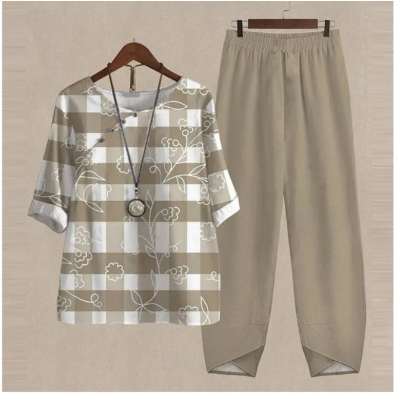 Summer Casual Two Piece Sets Women Loose Short Sleeve T-Shirt High Waist Pants Print Outfits Ladies Elegant Vintage top Pantsuit
