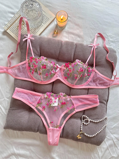 Ladies Pink Embroidered Floral Print Underwear Set Feminine Elegant Small Motif Lace Detail Comfortable Women's Nightgown