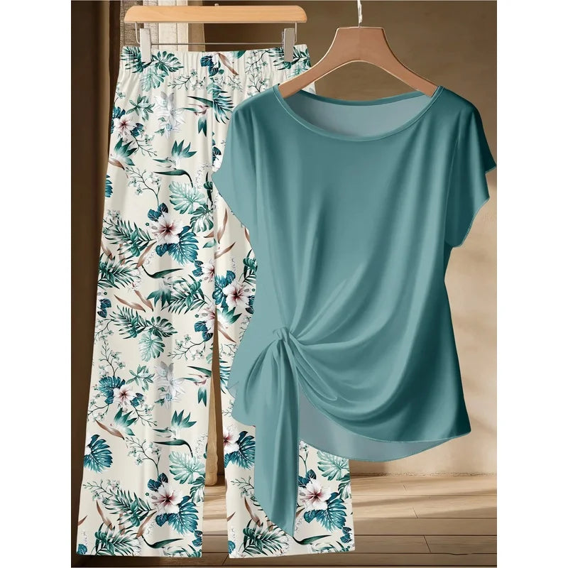 Summer Fresh Casual Two-Piece Set Short Sleeved Twisted Top with Tropical Plant Print Wide Leg Pants plus Size Outfit