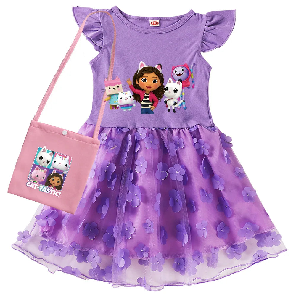 Vestidos Gabbys Dollhouse Costume Kids Cartoon Gabby Chat Dress Baby Girls Summer Short Sleeve Casual Dresses and Bag & Headband
