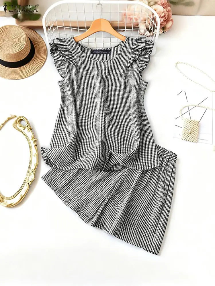 Stylish Smmer 2 Pieces Sets ZANZEA Women Outfits Elegant Sleeveless Blouse Short Sets Plaid Checked Tracksuit 2PCS Holiday Suit