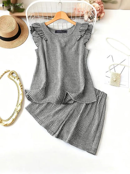 Stylish Smmer 2 Pieces Sets ZANZEA Women Outfits Elegant Sleeveless Blouse Short Sets Plaid Checked Tracksuit 2PCS Holiday Suit
