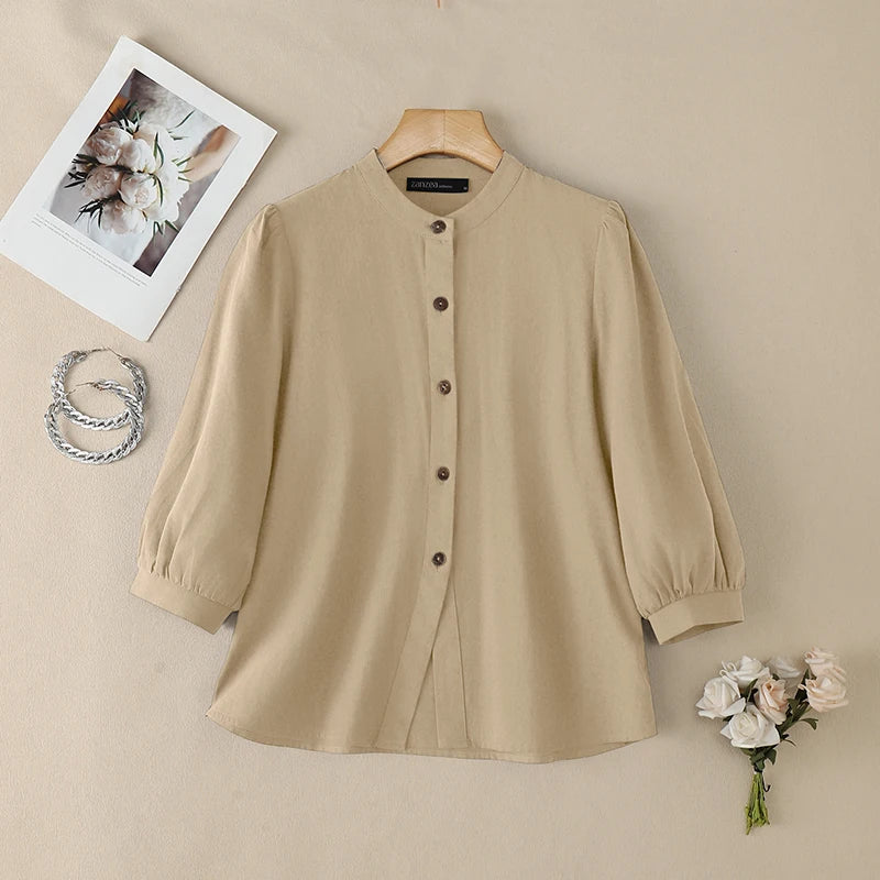 ZANZEA Women's Summer Cotton Shirts Minimalist Stand Collar 3/4 Puff Sleeve Button Up Tops Casual Loose Breathable Chemise Femme