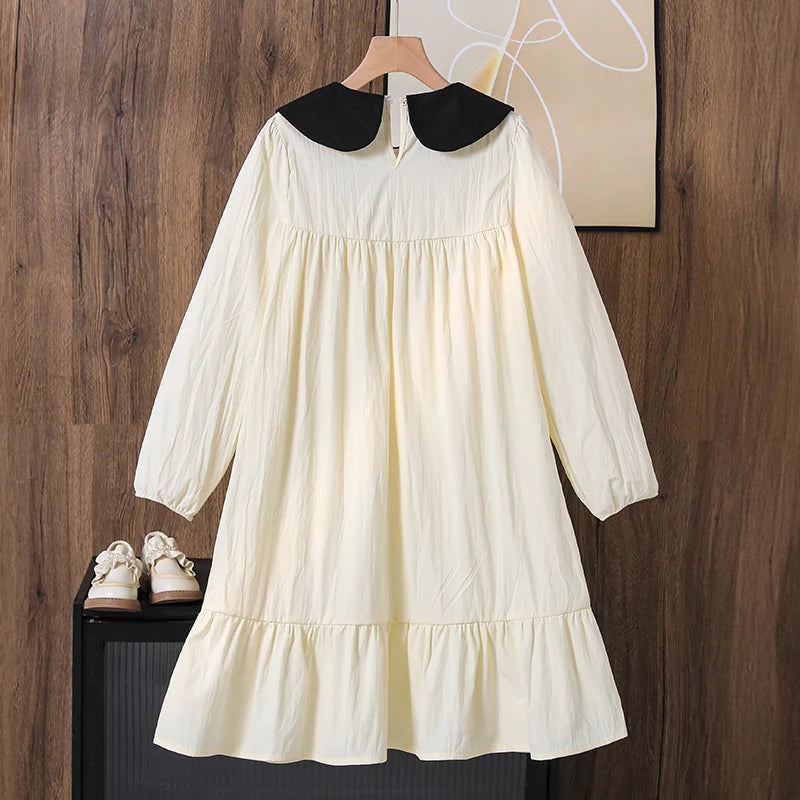 Spring/Summer Big Girl Knee Length Long Sleeve Dress Cute Baby Doll Collar Sweet Ruffle Hem Japanese and Korean Chic Easy Everyd