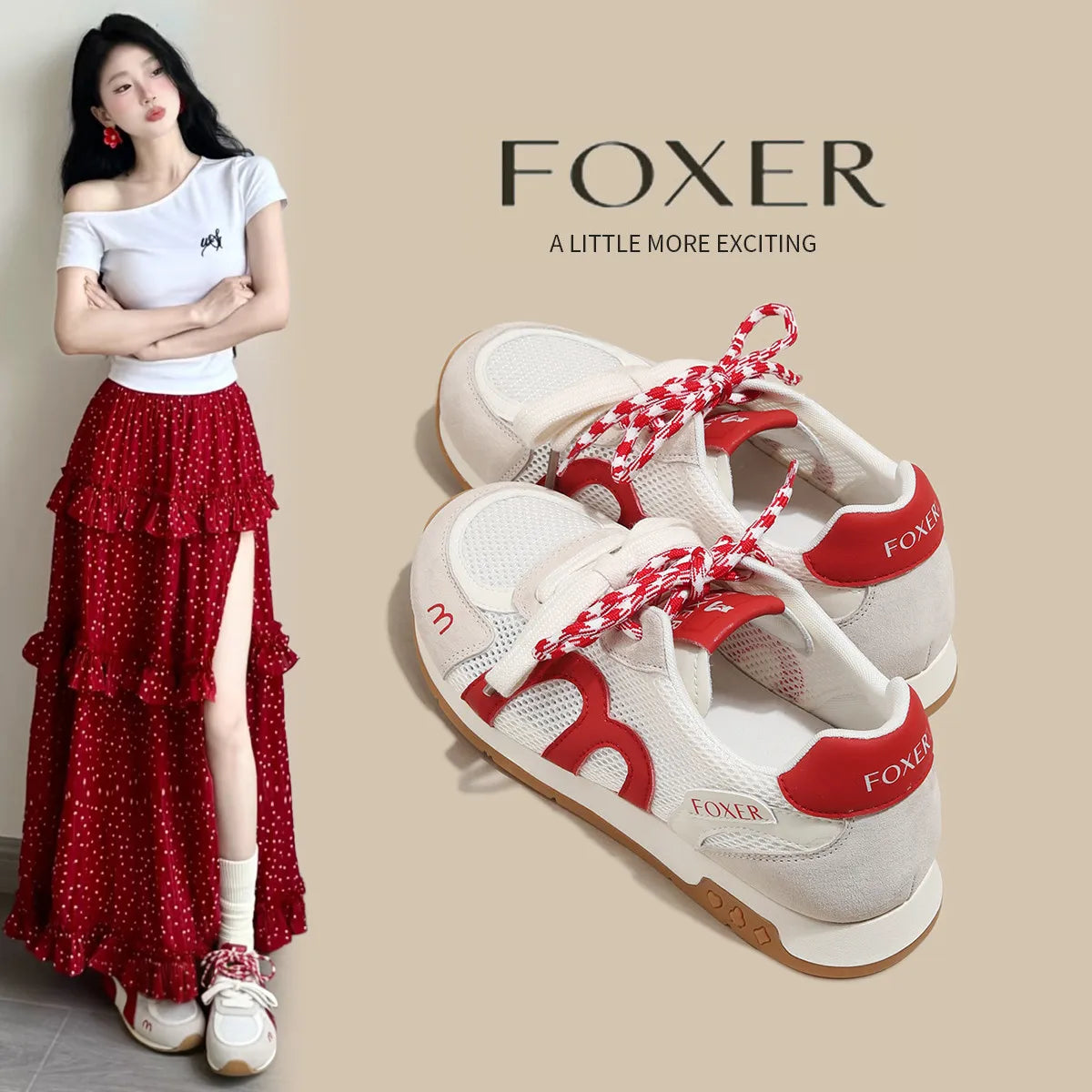 FOXER Retro Mesh Sneakers for Women Pig Split Leather Fashion Ladies Casual Running Shoes Daily Non Slip Walking Footwear