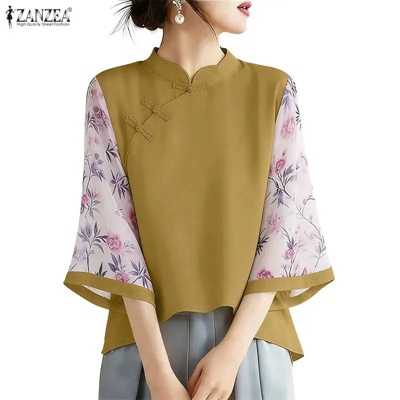 ZANZEA Vintage Style Blouses for Woman Mandarin Collar Floral Printed 3/4 Sleeve Tunic Tops Summer Elegant Blusas de Mujer