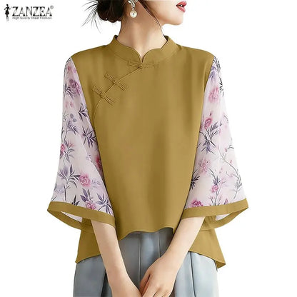ZANZEA Vintage Style Blouses for Woman Mandarin Collar Floral Printed 3/4 Sleeve Tunic Tops Summer Elegant Blusas de Mujer