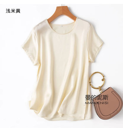 ZVAQS 100% Mulberry Silk T Shirts Woman Elegant Satin T Shirt 27 Colors High Quality Silk Summer Tops 2025 Women Clothing Топ
