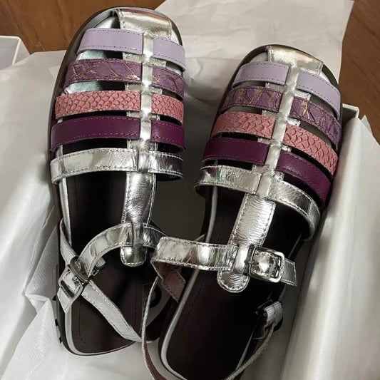 Fashion Patchwork Rainbow Colors Gladiator Sandals Women Comfort Openwork Roman-Style Flat Sandals for Women Sandalias De Mujer