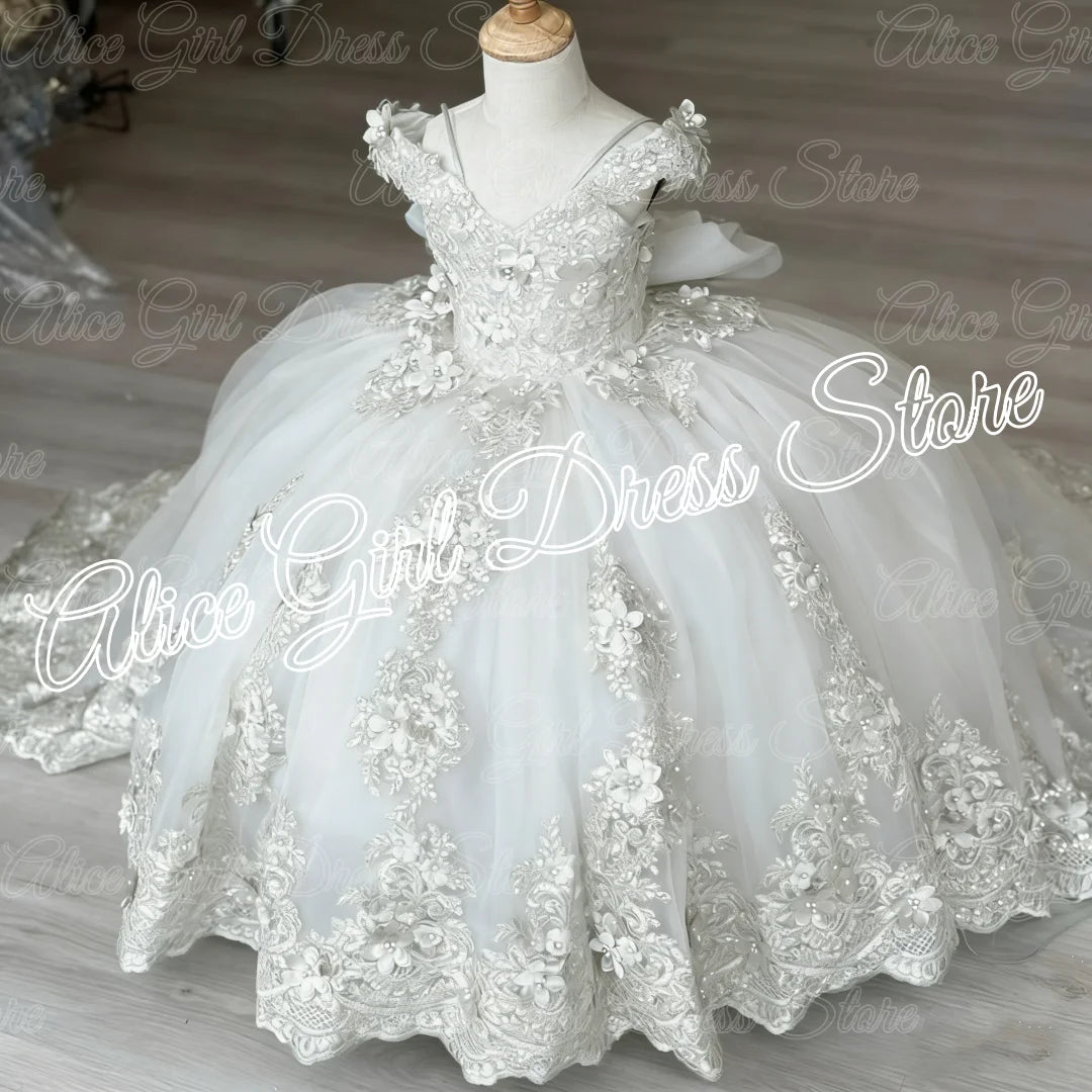 Green Flower Girl Dresses For Wedding Lace Appliques Floor Length Girl Birthday Party Gowns First Communion Gowns Customized