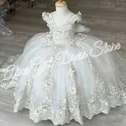Green Flower Girl Dresses For Wedding Lace Appliques Floor Length Girl Birthday Party Gowns First Communion Gowns Customized