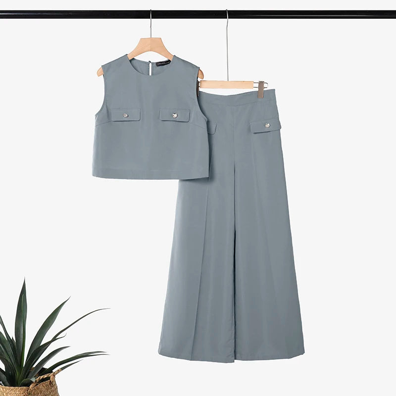 ZANZEA Women's Summer Elegant Pant Suits Sleeveless Cropped Tops & Wide Leg Pants 2 Pieces Sets Office Commute Pant Sets Outfits