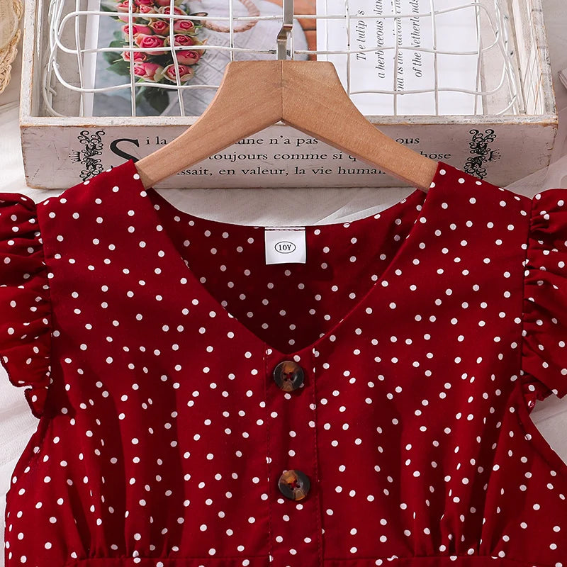 Kids Summer Girl 4-12 Years Old Red Sleeveless Flying Sleeve Polka Dot V-neck Waist Dress Simple Temperament Fashion Daily Style