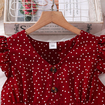 Kids Summer Girl 4-12 Years Old Red Sleeveless Flying Sleeve Polka Dot V-neck Waist Dress Simple Temperament Fashion Daily Style
